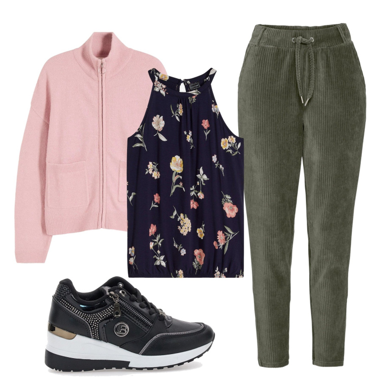 Outfit donna - Total look #2312587. Stile Casual per Tutti i giorni. Abbinamento con top, cardigans, pantaloni, sneakers.