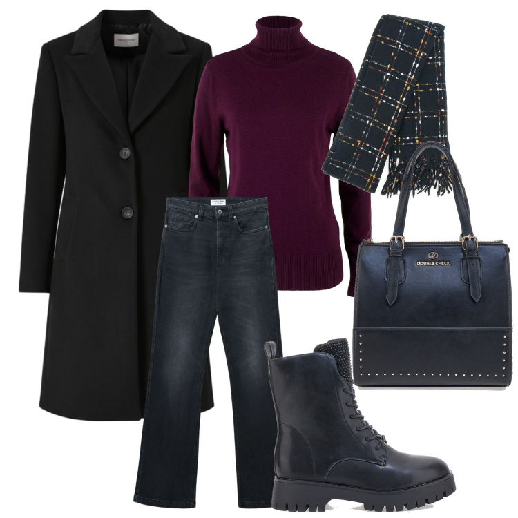 Outfit donna - Casual and chic col cappotto nero. Stile Casual chic per Tutti i giorni. Abbinamento con maglieria, jeans bootcut, cappotti, anfibi, borse a mano, sciarpe.