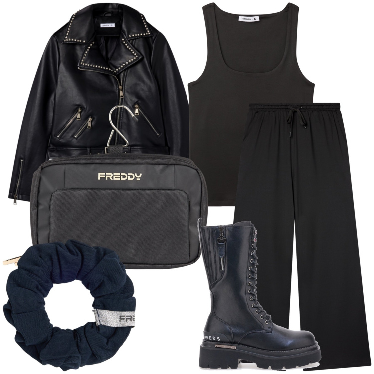 Outfit donna - Vai col rock. Stile Rock per Tutti i giorni. Abbinamento con pantaloni, giacche, canottiere, valigie, accessori per capelli, anfibi.