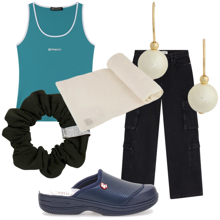 Outfit donna - A casa a poco prezzo. Stile Basic per Tutti i giorni. Abbinamento con jeans, accessori per capelli, canottiere, orecchini, sciarpe, ciabatte.