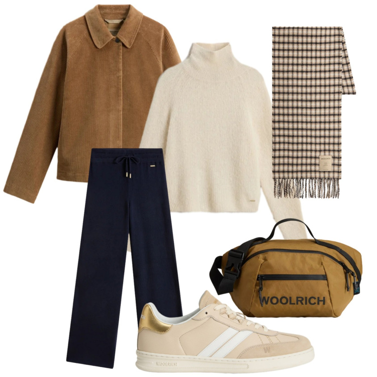 Outfit donna - Casual in centro- woolrich. Stile Casual per Tutti i giorni. Abbinamento con borse a tracolla, maglieria, sneakers, pantaloni, sciarpe, cappotti.