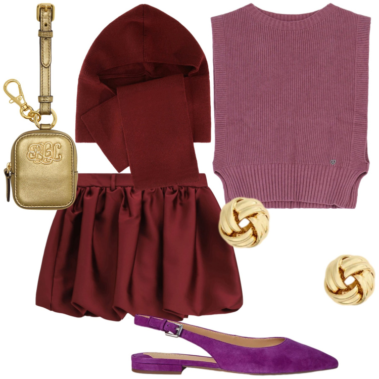 Outfit donna - Mini serata. Stile Trendy per Serata fuori. Abbinamento con maglieria, minigonne, sciarpe, orecchini, ballerine, pochette.