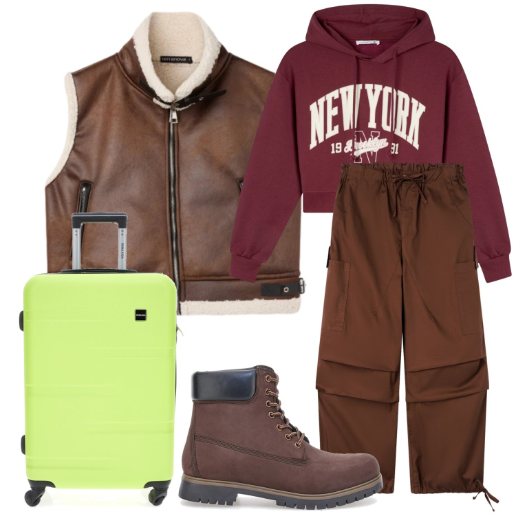Outfit donna - Partenza fluo. Stile Casual per Tutti i giorni. Abbinamento con pantaloni cargo, felpe con cappuccio, piumini, anfibi, valigie.