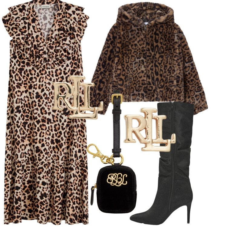 Outfit donna - Serata maculata. Stile Trendy per Serata fuori. Abbinamento con vestiti midi/longuette, stivali, ecopellicce, pochette, orecchini.