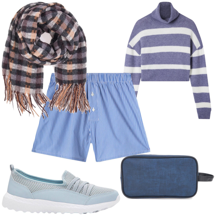 Outfit donna - Allegramente al mare. Stile Casual per Tutti i giorni. Abbinamento con sneakers, pantaloni corti, maglieria, valigie, sciarpe.