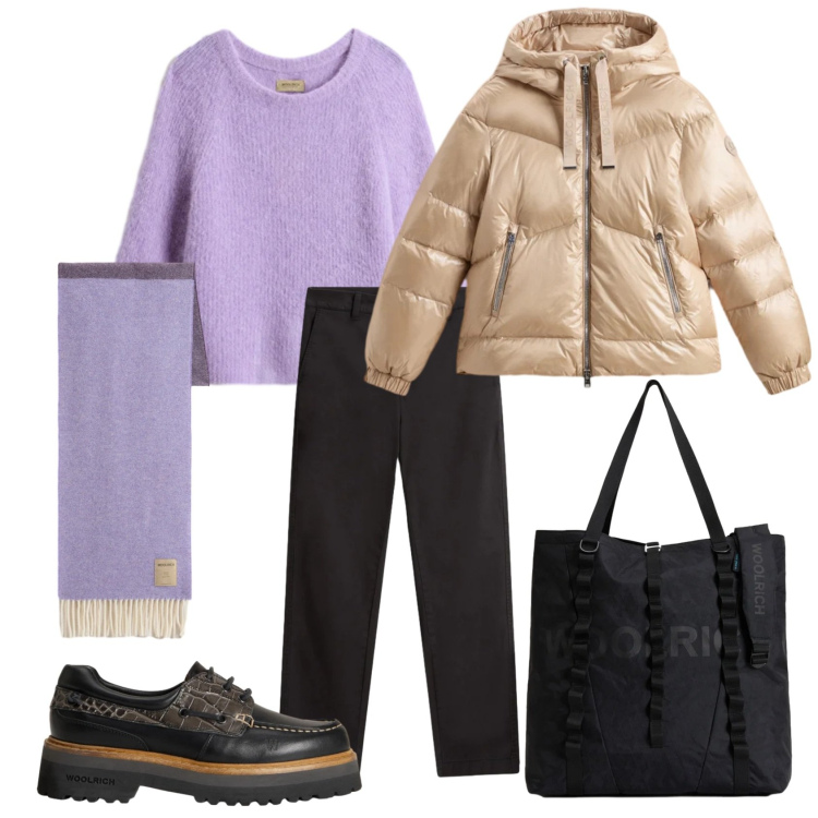 Outfit donna - Lilla- saldi woolrich. Stile Casual chic per Ufficio. Abbinamento con borse tote, mocassini, maglieria, sciarpe, pantaloni, piumini.
