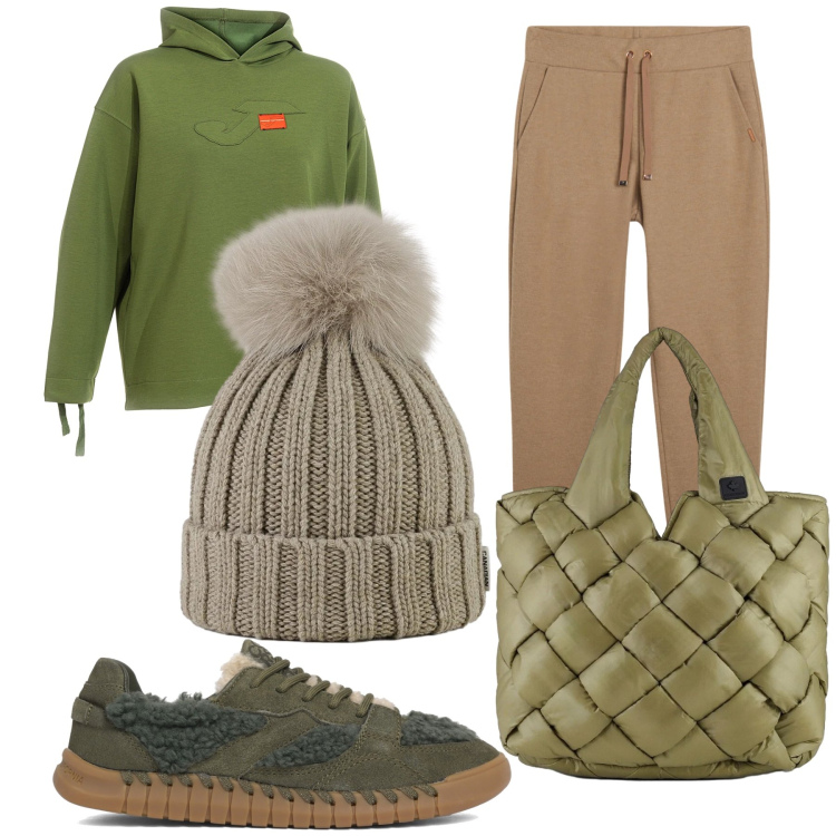 Outfit donna - Sportivamente in giro. Stile Casual chic per Tutti i giorni. Abbinamento con pantaloni, borse tote, berretti, sneakers, felpe con cappuccio.