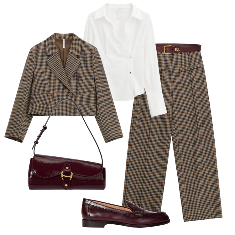 Outfit donna - Micro-check - Saldi Imperial. Stile Glamour per Ufficio. Abbinamento con blazer, pantaloni a palazzo, camicie, mocassini, borse a spalla, cinture.