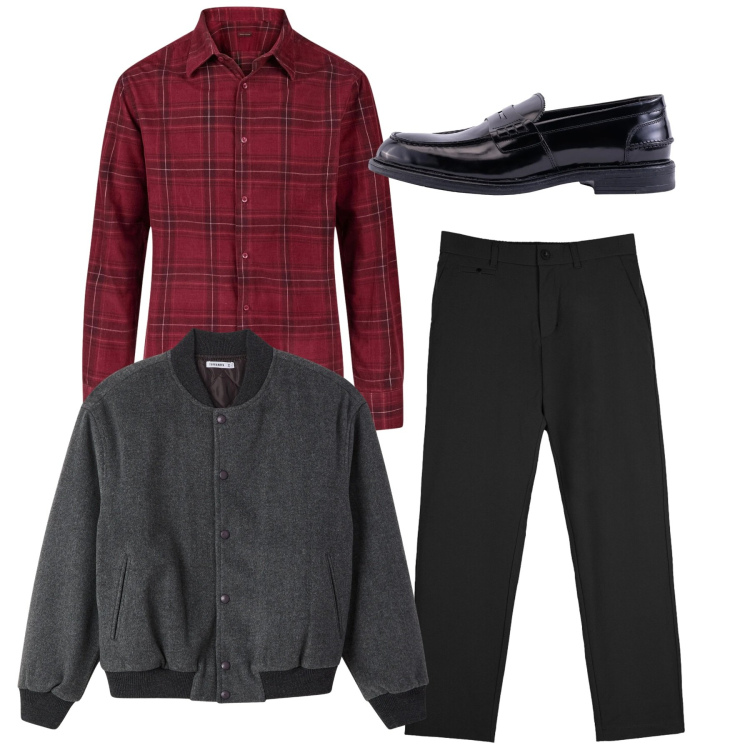 Outfit uomo - Total look. Stile Casual per Tutti i giorni. Abbinamento con bomber, pantaloni chino, scarpe stringate, camicie.