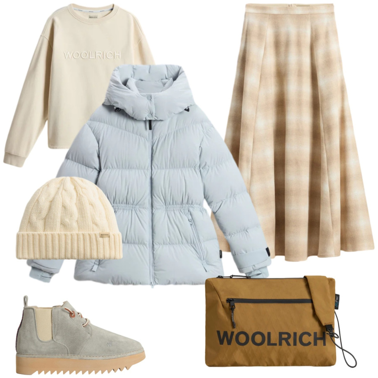 Outfit donna - Total look #2312631. Stile Casual per Ufficio. Abbinamento con borse a tracolla, stivaletti, berretti, gonne lunghe, piumini, felpe.