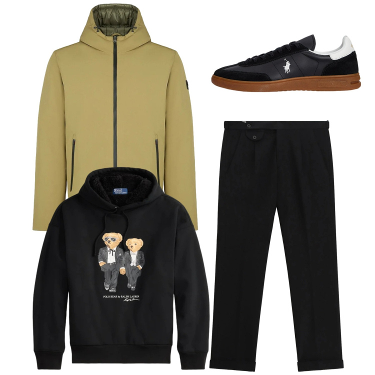 Outfit uomo - Total look. Stile Urban per Tutti i giorni. Abbinamento con pantaloni, sneakers, felpe con cappuccio, parka.