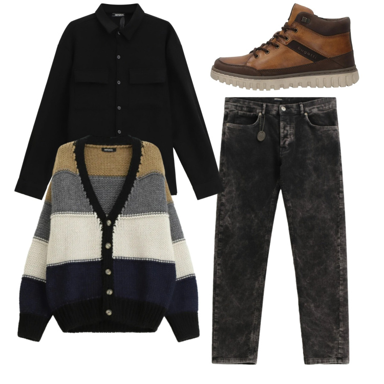 Outfit uomo - Total look. Stile Urban per Serata speciale. Abbinamento con camicie, pantaloni, cardigans, anfibi.