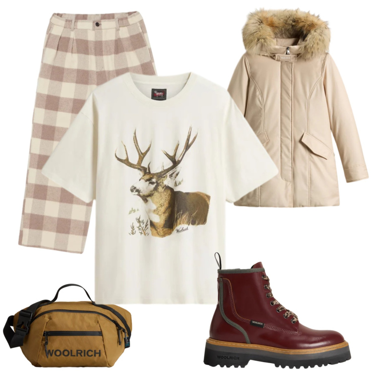 Outfit donna - Total look #2312634. Stile Casual per Scuola/Università. Abbinamento con borse a tracolla, pantaloni, anfibi, t-shirt, parka.