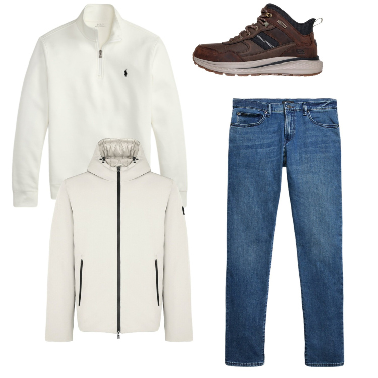Outfit uomo - Total look. Stile Casual per Tutti i giorni. Abbinamento con jeans, pullovers, parka, stivali e stivaletti.