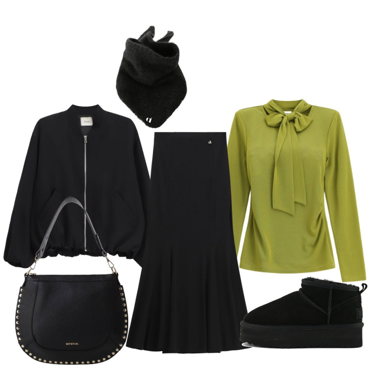 Outfit donna - Femminile anche con il bomber. Stile Glamour per Tutti i giorni. Abbinamento con borse a spalla, gonne lunghe, maglieria, foulard, bomber, stivaletti.