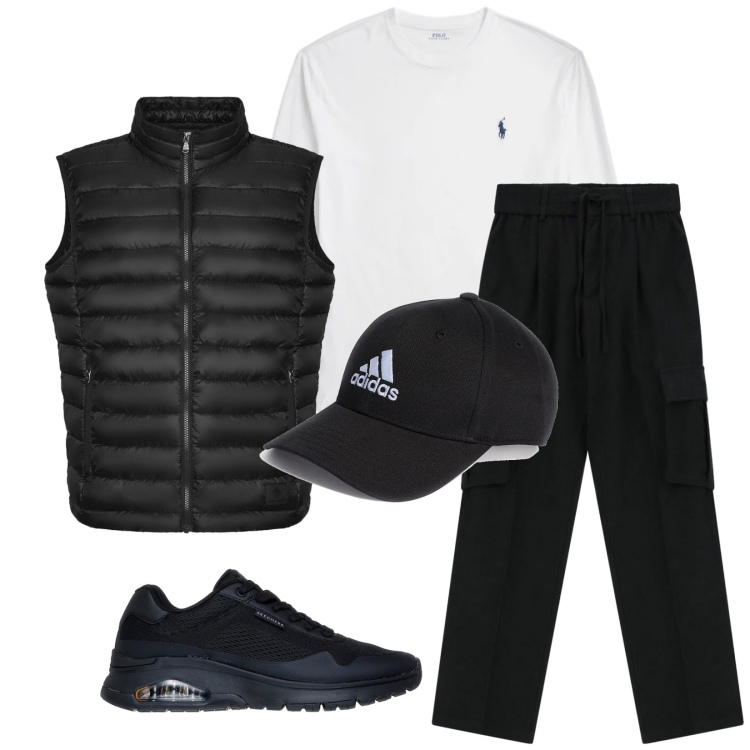 Outfit uomo - Total look #2312650. Stile Trendy per Tutti i giorni. Abbinamento con pantaloni cargo, t-shirt, piumini, cappelli con visiera, sneakers.