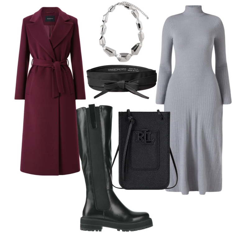 Outfit donna - Total look #2312654. Stile Trendy per Tutti i giorni. Abbinamento con stivali, borse a tracolla, cappotti, vestiti midi/longuette, cinture, ciondoli.