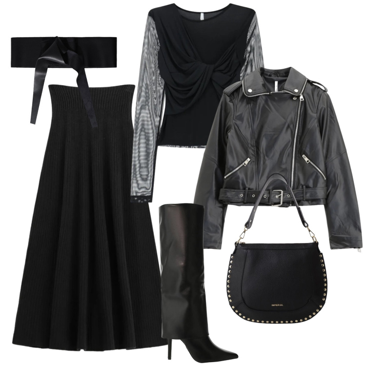 Outfit donna - Black Imperial- Saldi FW ‘25. Stile Trendy per Serata fuori. Abbinamento con top, stivali, cinture, giacche, gonne lunghe, borse a spalla.