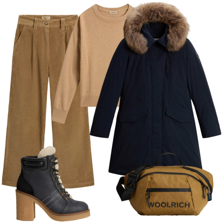 Outfit donna - Caldo e bello. Stile Casual per Tutti i giorni. Abbinamento con borse a tracolla, parka, pantaloni, maglieria, stivaletti.