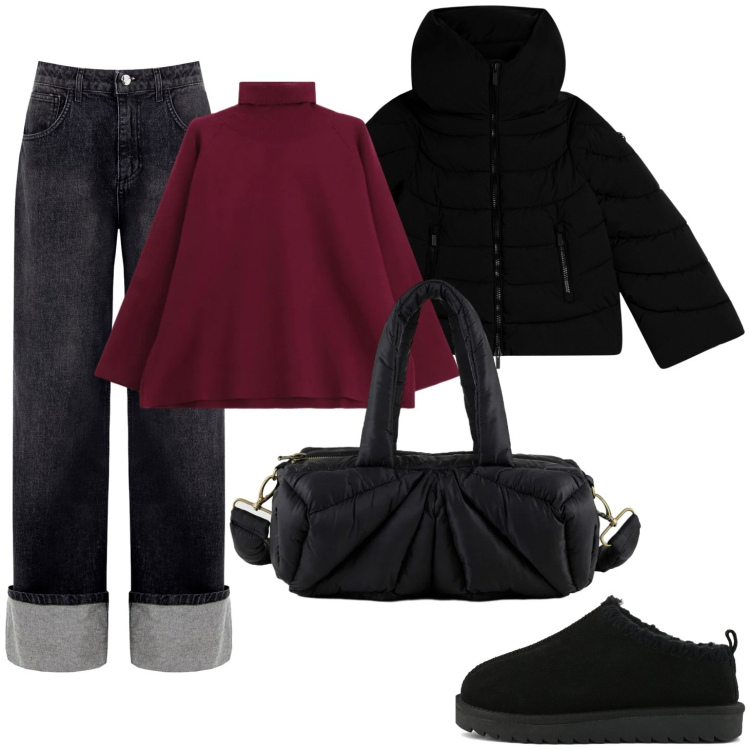 Outfit donna - Calde emozioni. Stile Casual per Tutti i giorni. Abbinamento con maglieria, piumini, borse a mano, jeans, sabot.