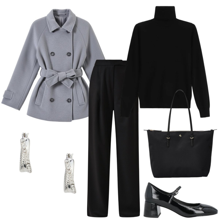 Outfit donna - Grigio e nero. Stile Chic per Tutti i giorni. Abbinamento con décolleté, maglieria, borse tote, orecchini, pantaloni, caban.