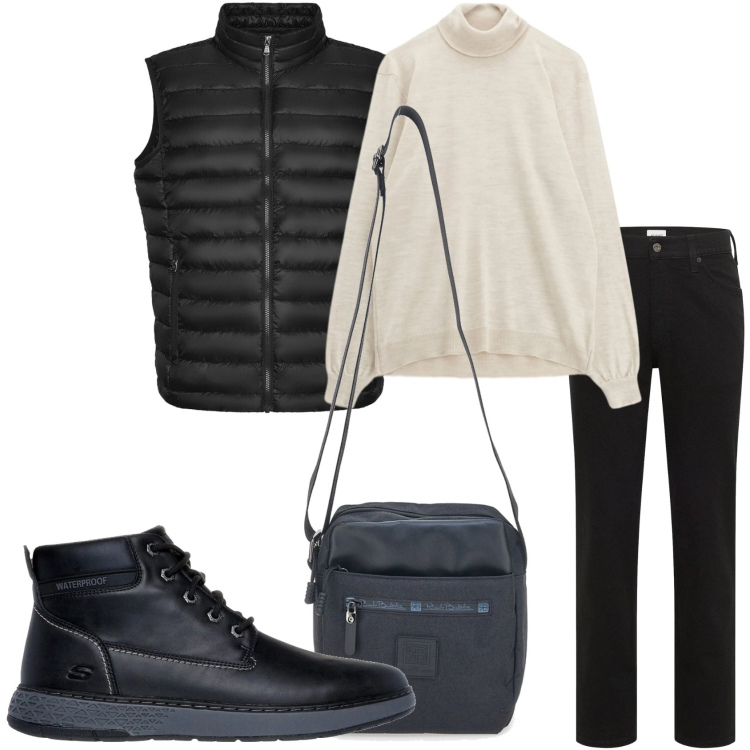 Outfit uomo - Freddo nero e bianco. Stile Urban per Tutti i giorni. Abbinamento con jeans dritti, maglieria, piumini, portafogli, stivali e stivaletti.