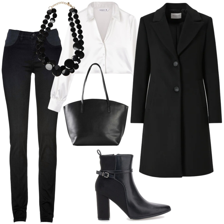 Outfit donna - Black and White. Stile Casual chic per Ufficio. Abbinamento con jeans skinny, shopping bag, camicie, cappotti, stivaletti, collane.