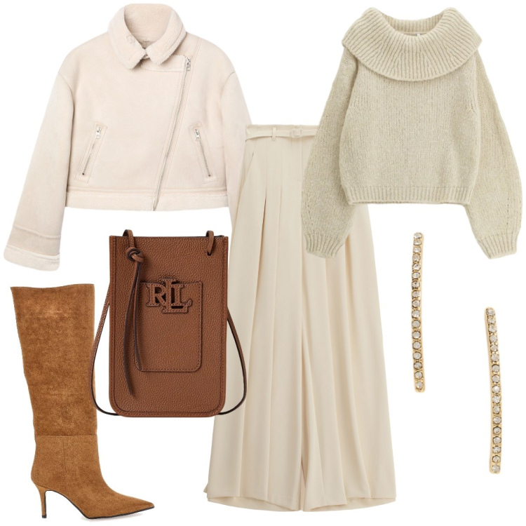 Outfit donna - Total look #2312669. Stile Chic per Tutti i giorni. Abbinamento con maglieria, pantaloni a palazzo, giacche, orecchini, borse a tracolla, stivali.