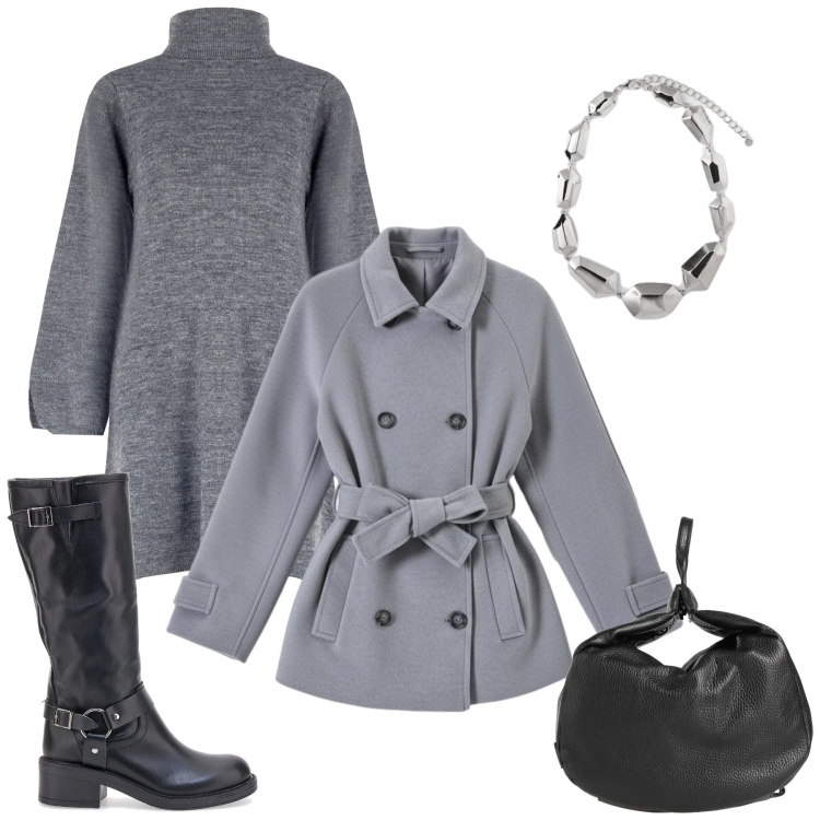 Outfit donna - Winter in Soft Grey. Stile Casual per Tutti i giorni. Abbinamento con zaini, vestiti corti, caban, stivali, ciondoli.
