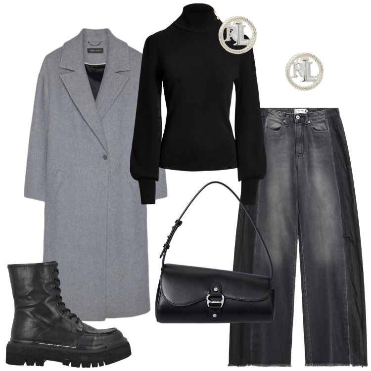Outfit donna - Casual di sera con amici. Stile Casual per Serata fuori. Abbinamento con stivaletti, jeans, borse a spalla, orecchini, maglieria, cappotti.