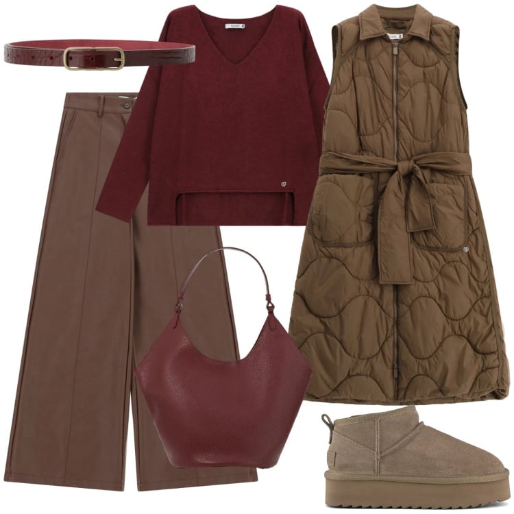 Outfit donna - Bordeaux e marrone. Stile Casual per Tutti i giorni. Abbinamento con blazer, maglieria, pantaloni a palazzo, cinture, borse a spalla, stivaletti.