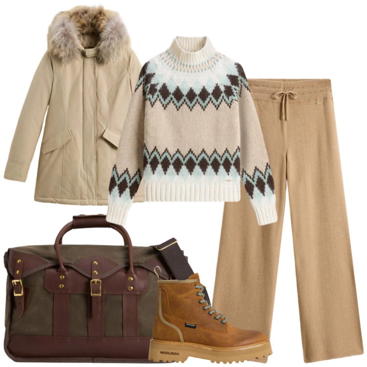 Outfit donna - Saldi Invernali Woolrich. Stile Sporty chic per Tutti i giorni. Abbinamento con parka, borse a tracolla, maglieria, pantaloni, anfibi.