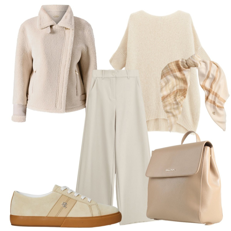 Outfit donna - Panna e burro. Stile Chic per Tutti i giorni. Abbinamento con zaini, pantaloni a palazzo, maglieria, sneakers, sciarpe, ecopellicce.