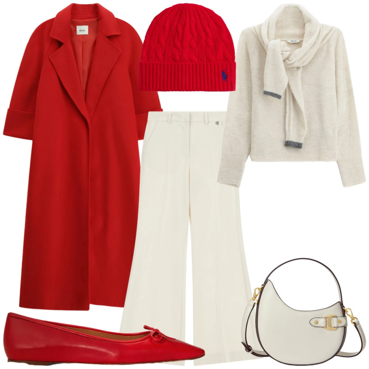 Outfit donna - Glamour e femminile. Stile Glamour per Tutti i giorni. Abbinamento con borse a tracolla, berretti, ballerine, pantaloni a palazzo, maglieria, cappotti.