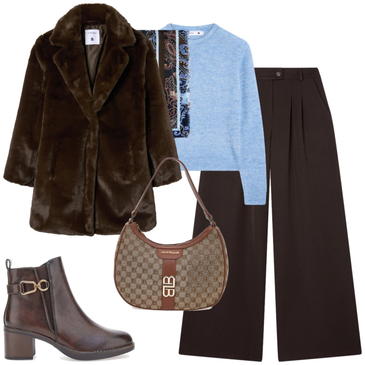 Outfit donna - City. Stile Urban per Tutti i giorni. Abbinamento con maglieria, cappotti, pantaloni, foulard, borse a spalla, stivaletti.