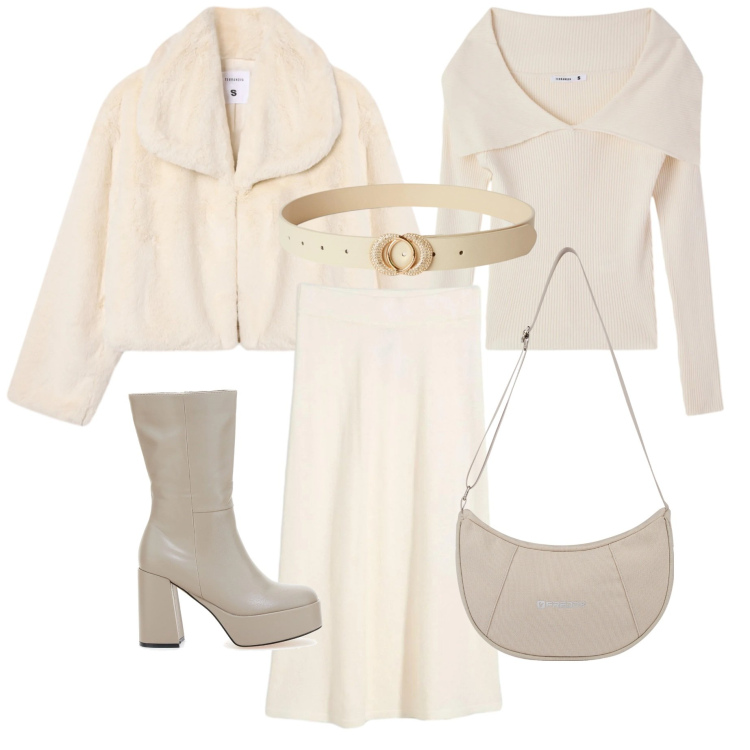 Outfit donna - Rilassante in panna. Stile Casual chic per Serata fuori. Abbinamento con gonne longuette, cinture, ecopellicce, maglieria, borse a spalla, stivali.