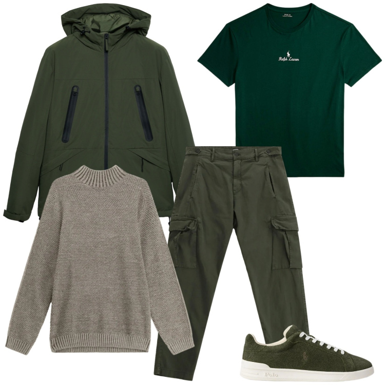 Outfit uomo - Total look #2312699. Stile Trendy per Tutti i giorni. Abbinamento con giacche, maglieria, pantaloni cargo, t-shirt, sneakers.