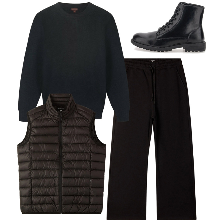 Outfit uomo - Black city. Stile Urban per Tutti i giorni. Abbinamento con pantaloni, piumini, anfibi, maglieria.