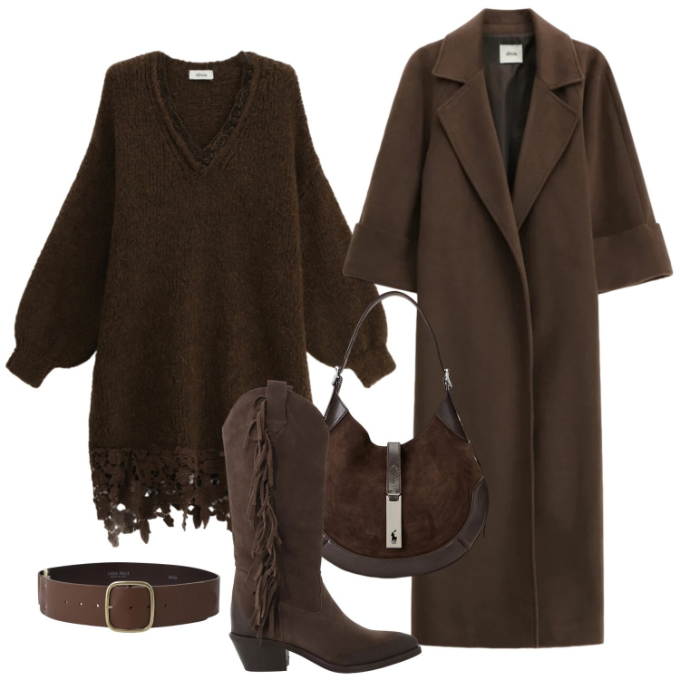 Outfit donna - Dixie brown - Saldi FW ‘25. Stile Trendy per Serata fuori. Abbinamento con borse a spalla, cappotti, cinture, stivali, vestiti corti.