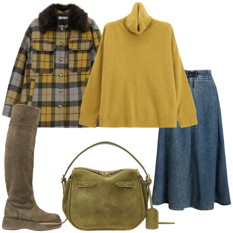 Outfit donna - Gonna lunga fantasia. Stile Trendy per Tutti i giorni. Abbinamento con stivali, cappotti, maglieria, borse a mano, gonne.