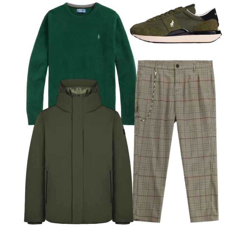 Outfit uomo - Total look. Stile Casual per Tutti i giorni. Abbinamento con pantaloni, sneakers, maglieria, parka.