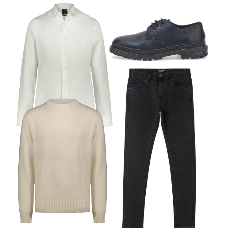 Outfit uomo - Total look. Stile Casual per Tutti i giorni. Abbinamento con jeans skinny, camicie, scarpe stringate, maglieria.