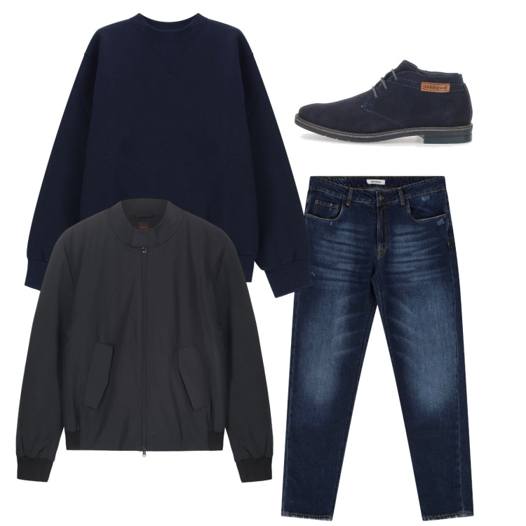 Outfit uomo - Total look. Stile Casual per Tutti i giorni. Abbinamento con jeans dritti, felpe, scarpe stringate, bomber.