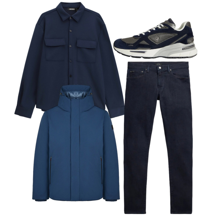 Outfit uomo - Total look. Stile Casual per Tutti i giorni. Abbinamento con camicie, jeans, sneakers, parka.