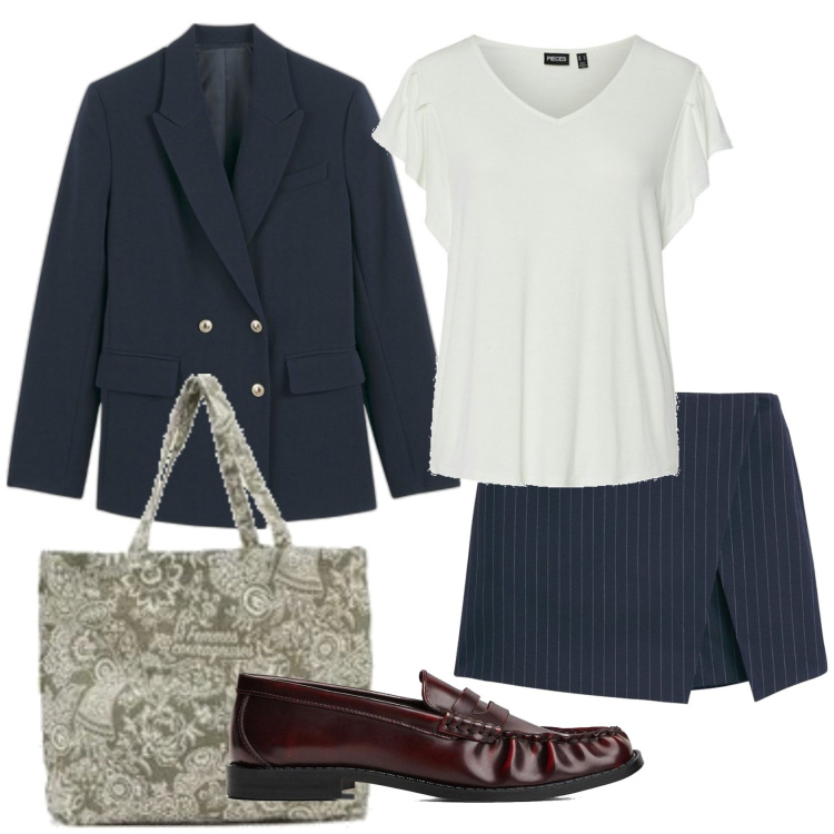 Outfit mujer - Mannish #11. Estilo Mannish para Oficina. Combinación con faldas, bolso tote, camiseta, blazers, mocasines.