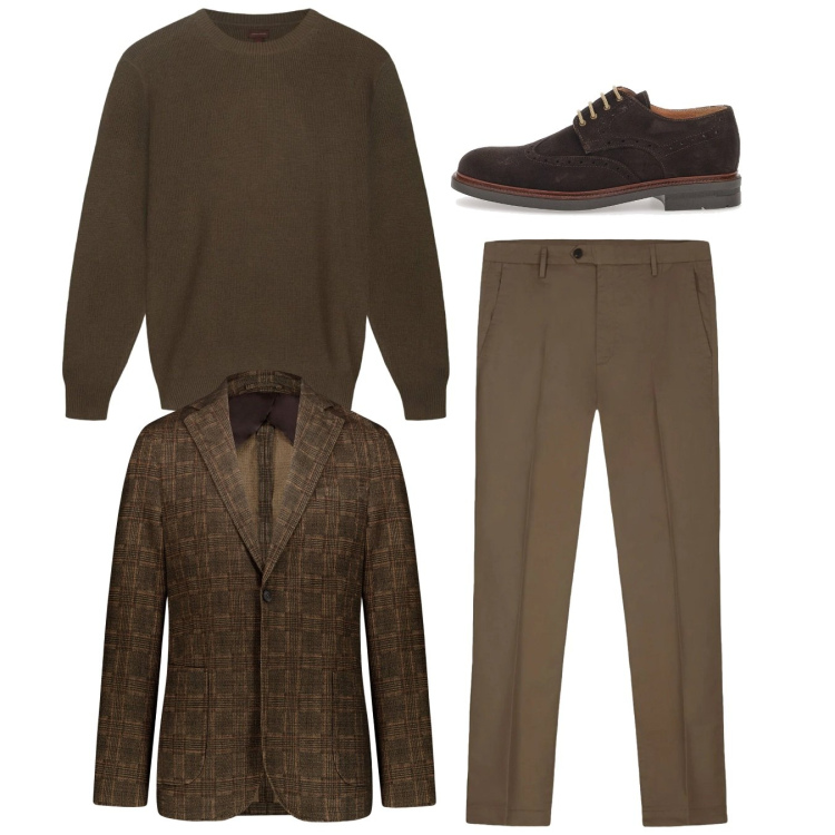 Outfit uomo - Total look. Stile Casual per Tutti i giorni. Abbinamento con giacche, scarpe stringate, pantaloni, maglieria.