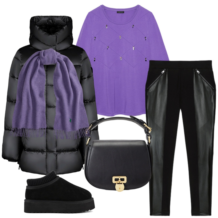 Outfit donna - Total look #2312738. Stile Casual chic per Tutti i giorni. Abbinamento con borse a tracolla, sciarpe, piumini, leggings, sabot, t-shirt.