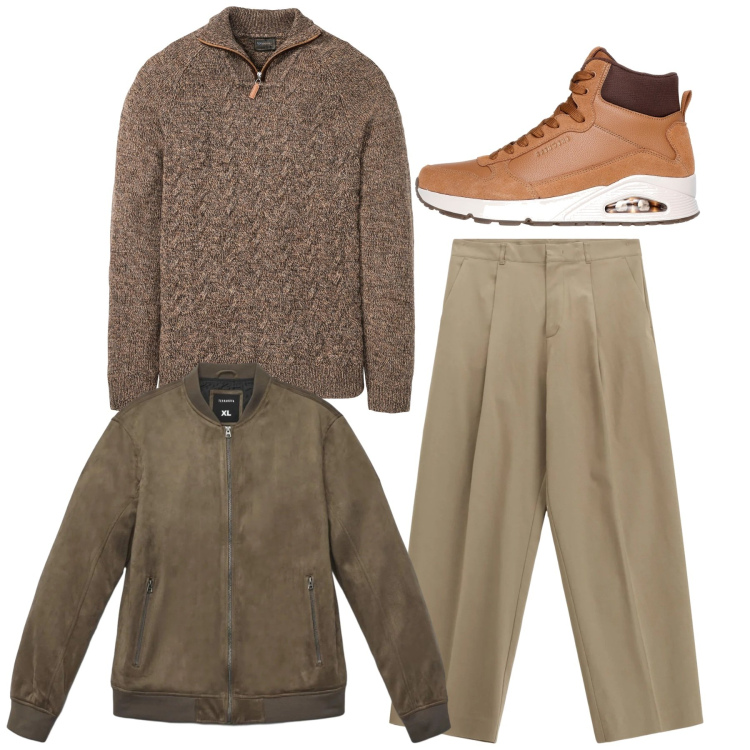 Outfit uomo - Total look. Stile Casual per Tutti i giorni. Abbinamento con maglieria, giacche, pantaloni, sneakers alte.
