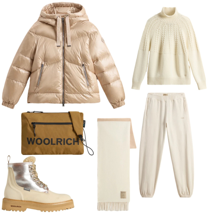 Outfit donna - Freddo non ti temo!. Stile Chic per Tutti i giorni. Abbinamento con borse a tracolla, maglieria, pantaloni, piumini, sciarpe, anfibi.