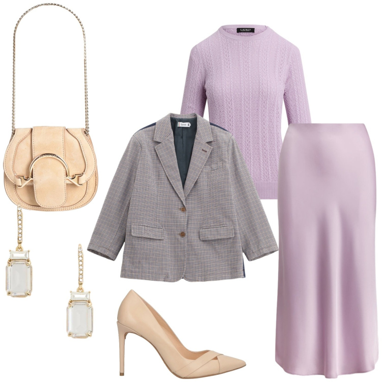 Outfit donna - Total look #2312747. Stile Bon Ton per Serata fuori. Abbinamento con marsupi, décolleté, blazer, orecchini, gonne, maglieria.